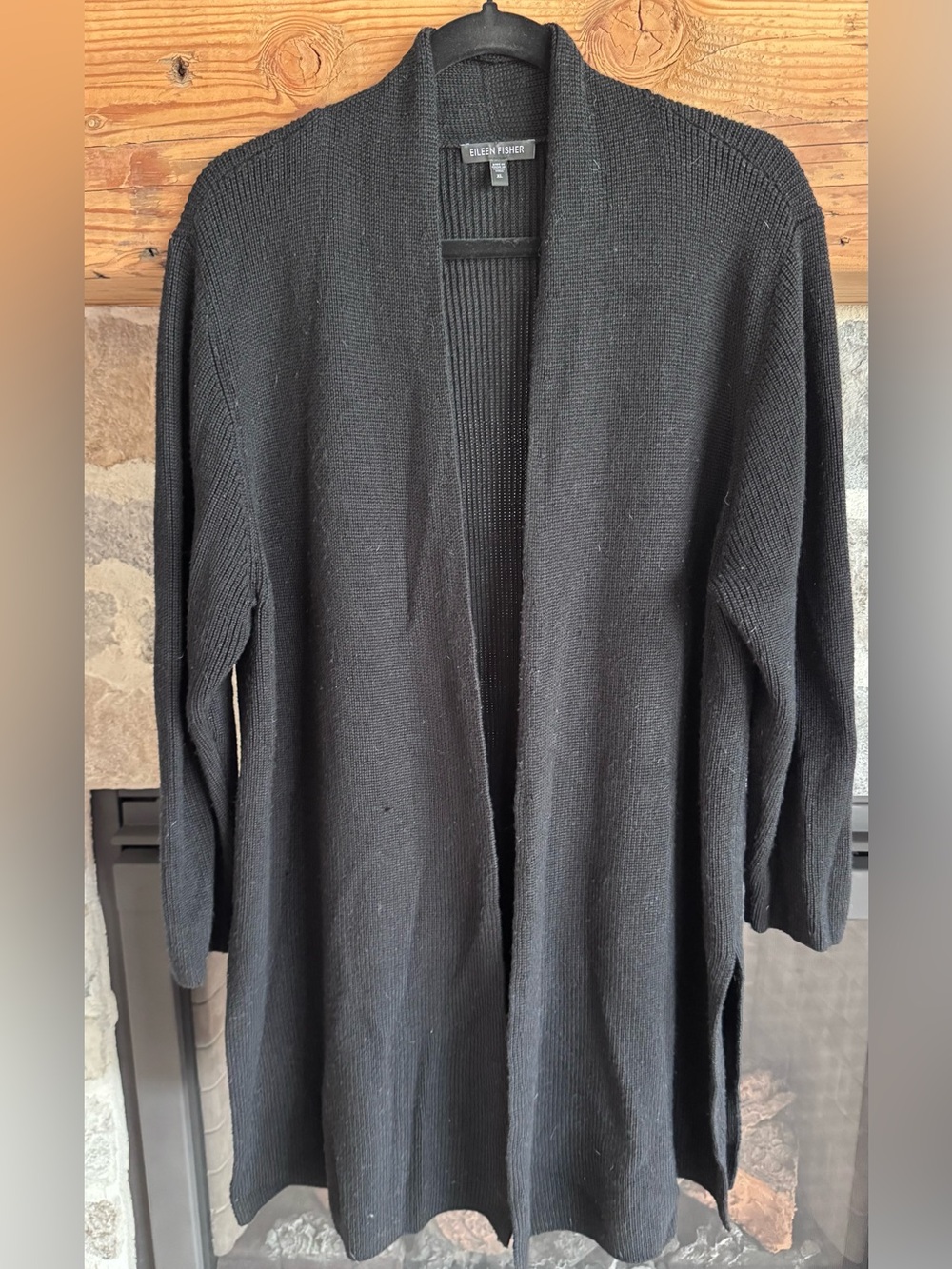 Eileen Fisher Black Long Open-Front Knit Cardigan